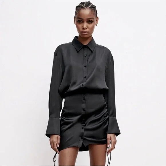 BRAND NEW - Zara Black Draped Ruched Satin Effect Short Shirt Dress - Small - Picture 3 of 11